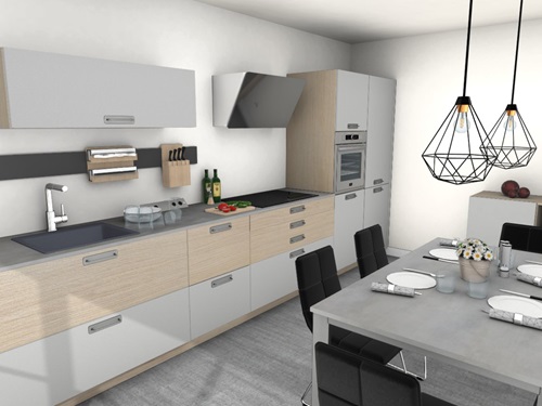 Cuisine équipée moderne vue 3D linéaire de 6 à 10 m² blanche bois grise et marron