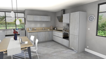 Cocina de diseño completa vista 3D en L de 6 a 10 m² gris