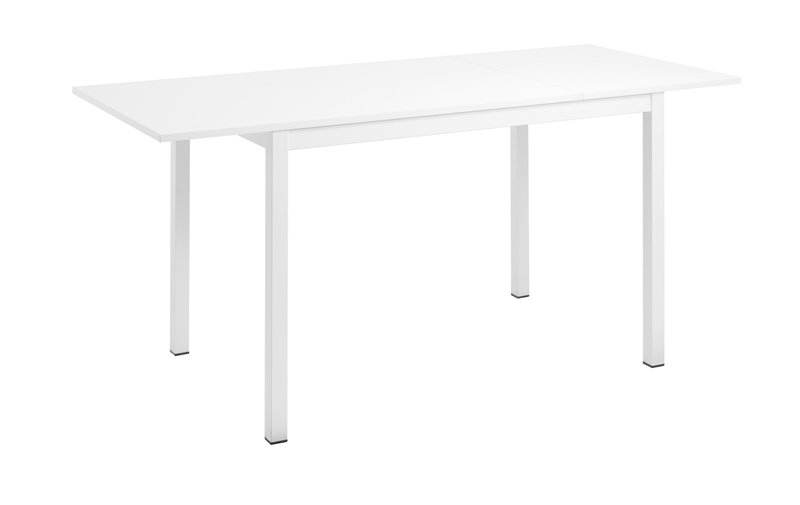 Vue de la table rectangulaire Pratik avec pieds en métal laqué blanc et plateau mélaminé blanc