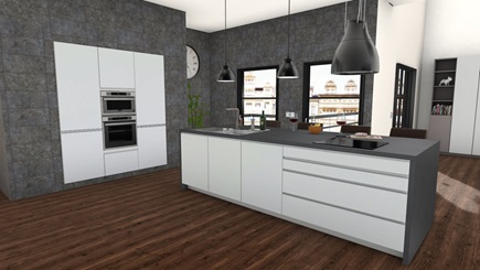 Cocina de diseño completa vista 3D con isla central más de 15 m² blanca