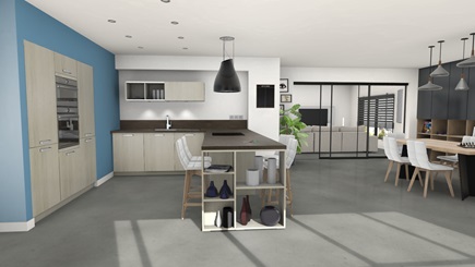 Modern fitted kitchen 3D view U-shaped more than 160 ft² wood and grey