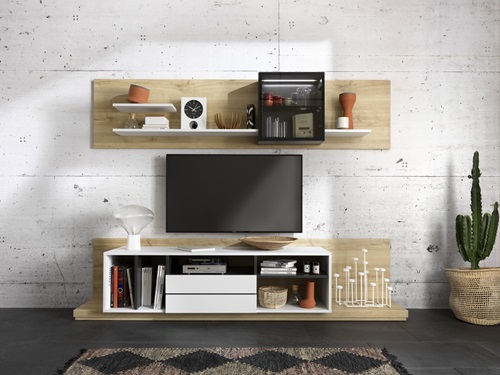 Mueble TV colgado de color madera y blanco de estilo escandinavo