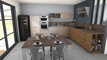 Designer fitted kitchen 3D view L-shaped from 110 to 160 ft² wood and metal
