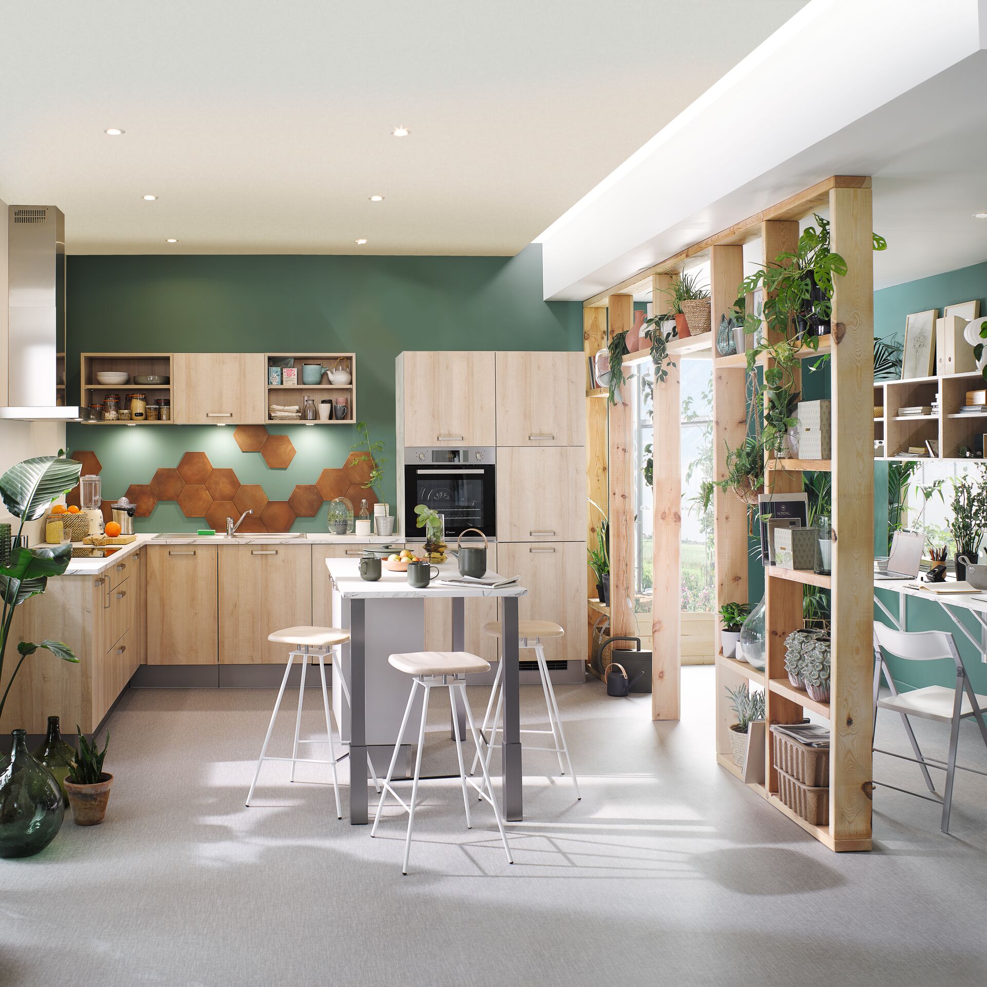 Cuisine équipée scandinave coloris bois en L