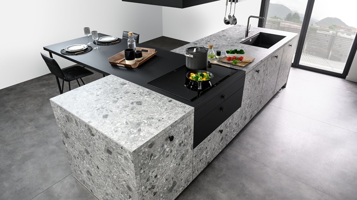 t-shaped stone look and black kitchen island