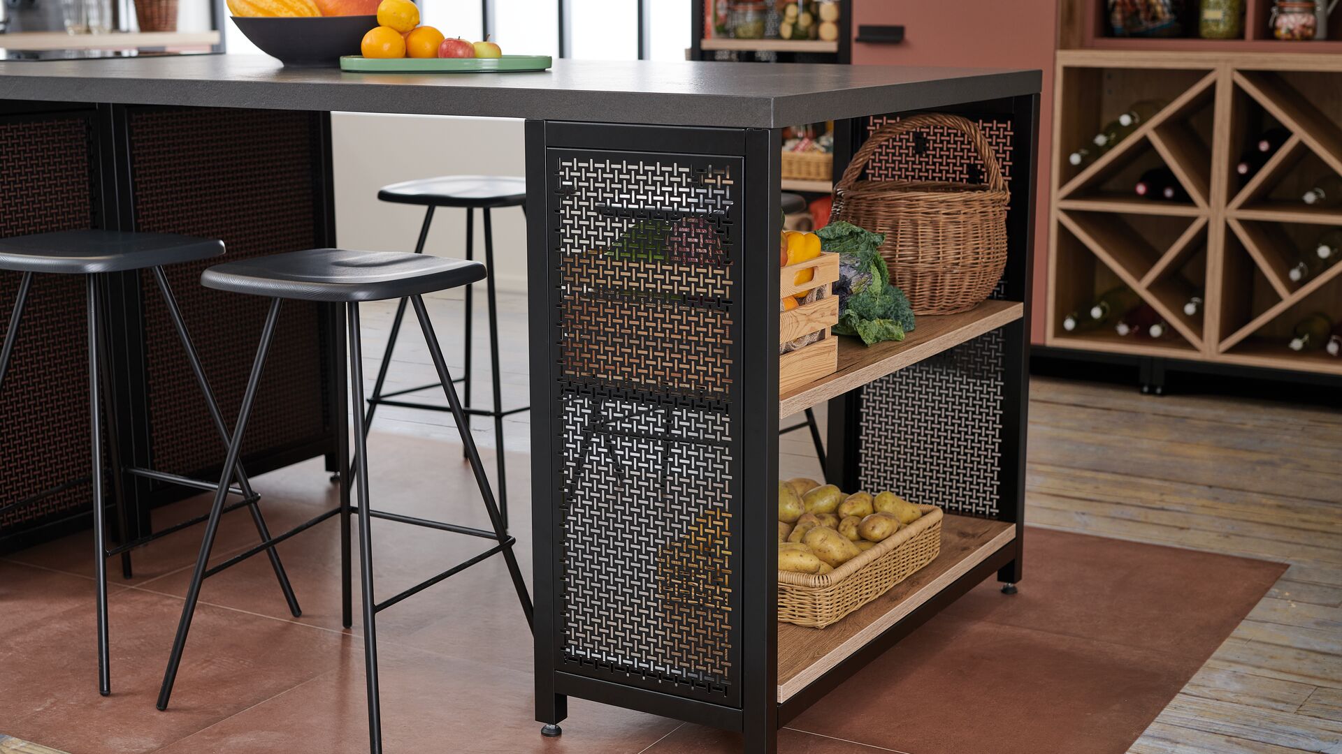 Kitchen island with open shelves