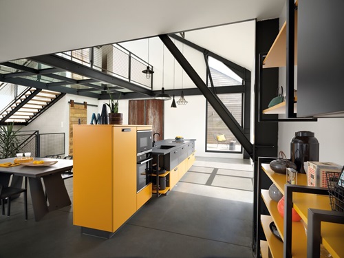 Black and yellow galley kitchen
