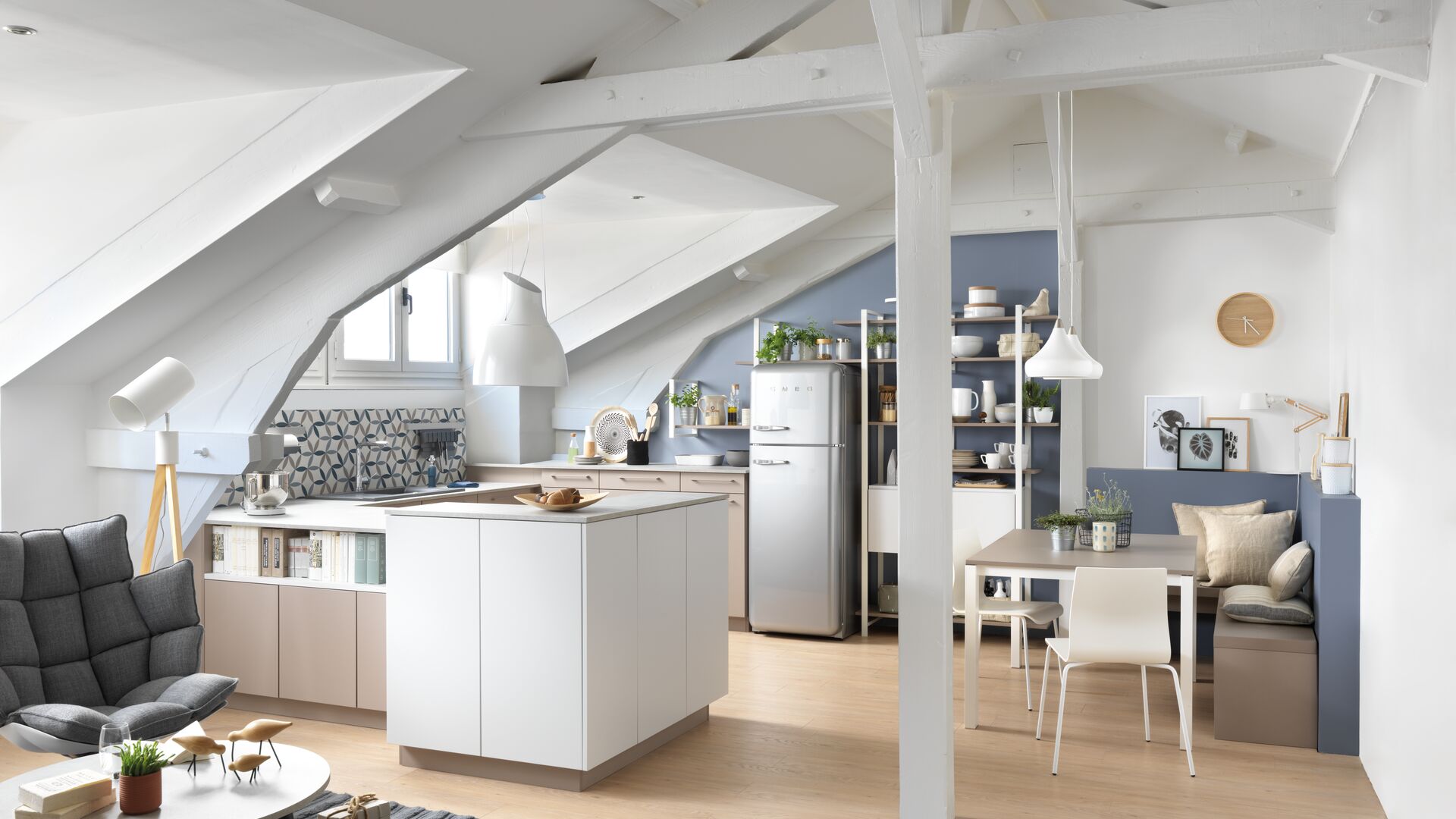 Even under the eaves, a kitchen can feel spacious and well organised.