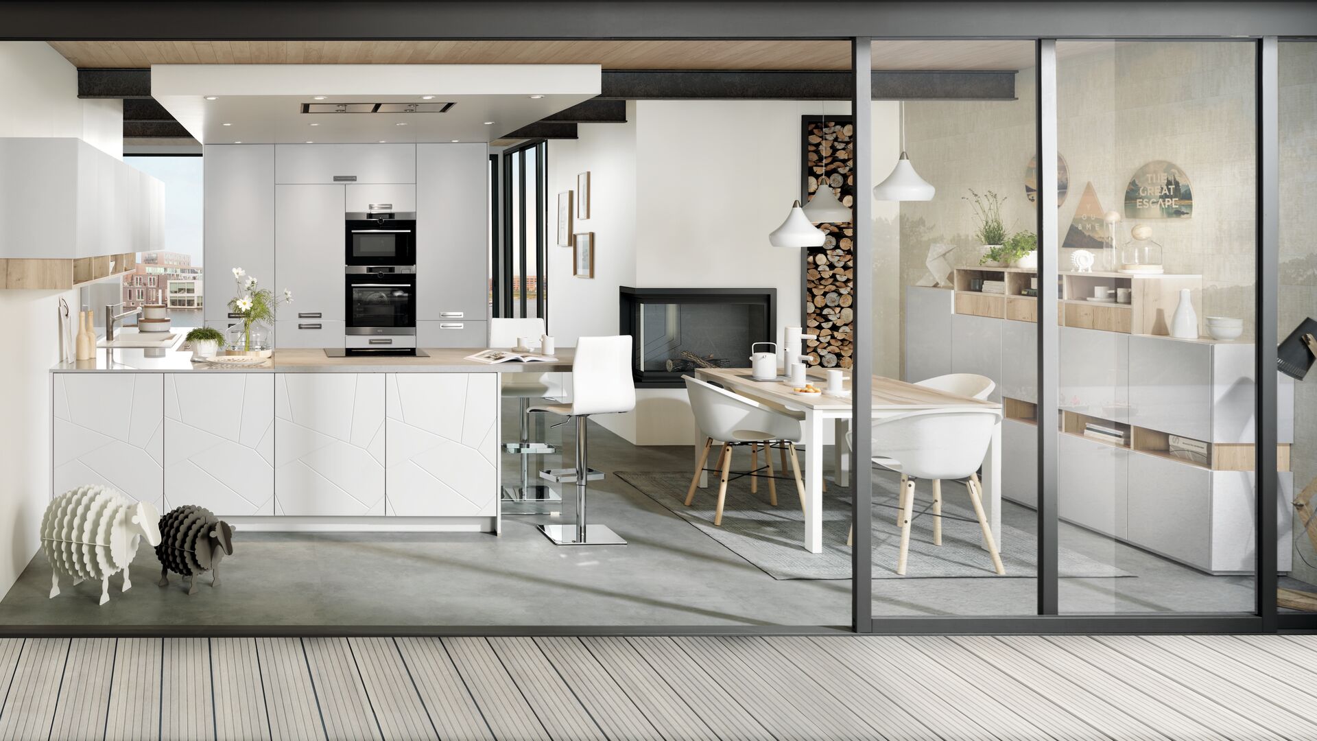 Offene Küche im skandinavischen Stil in weiß und hellem Holz