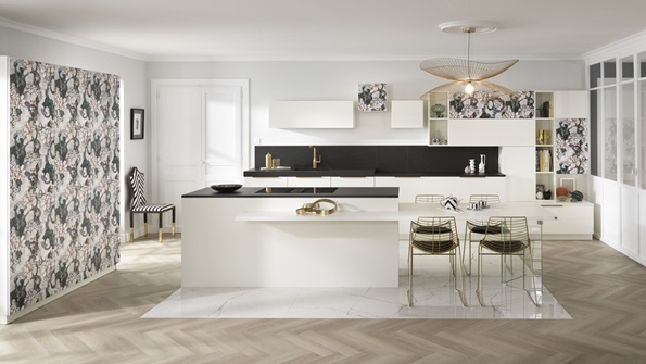 white designer kitchen with a large equipped island
