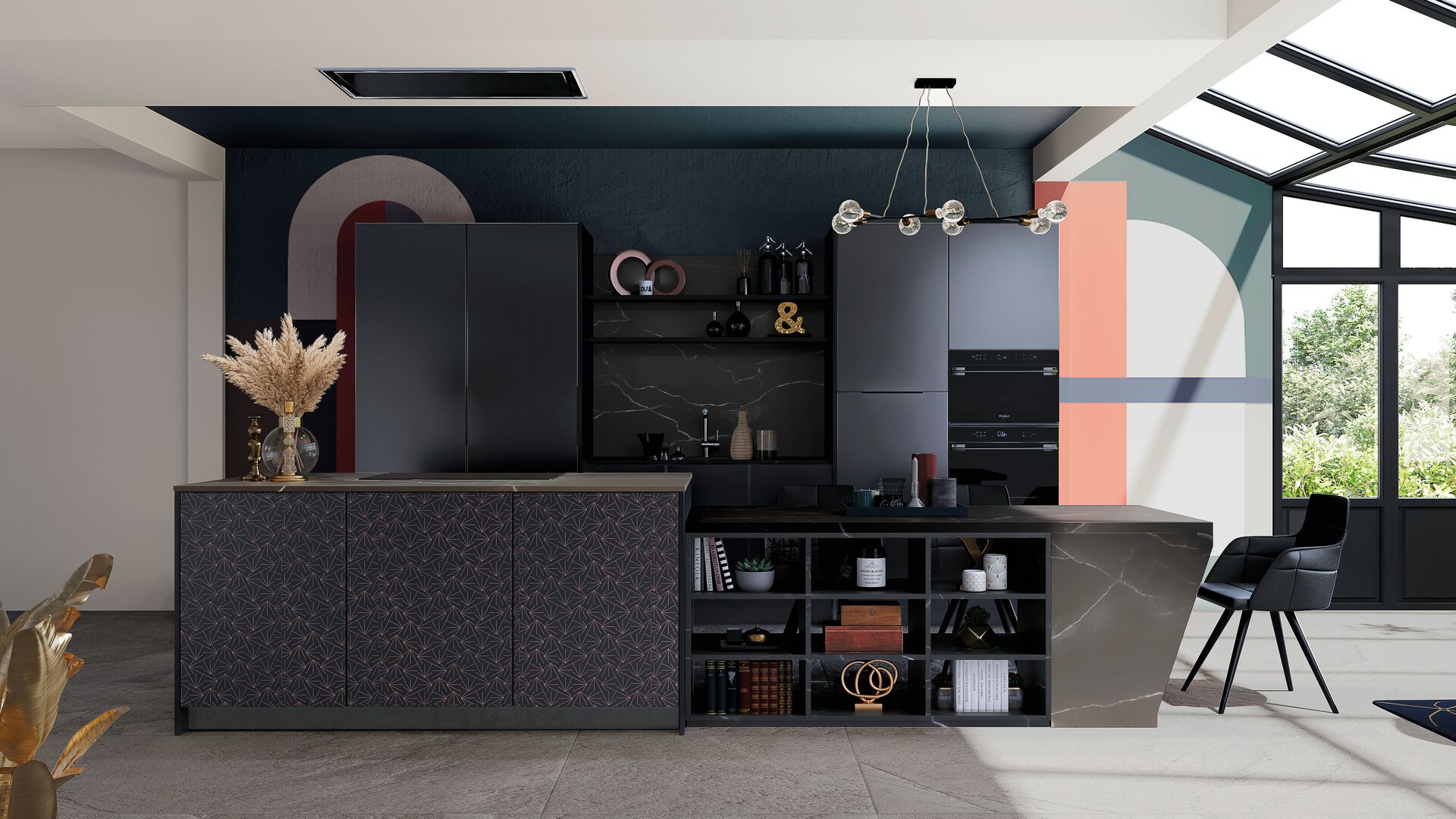 Cuisine noire aux façades imprimées