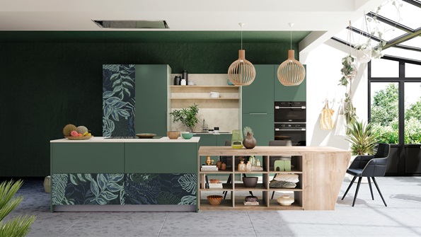 Green kitchen with printed fronts