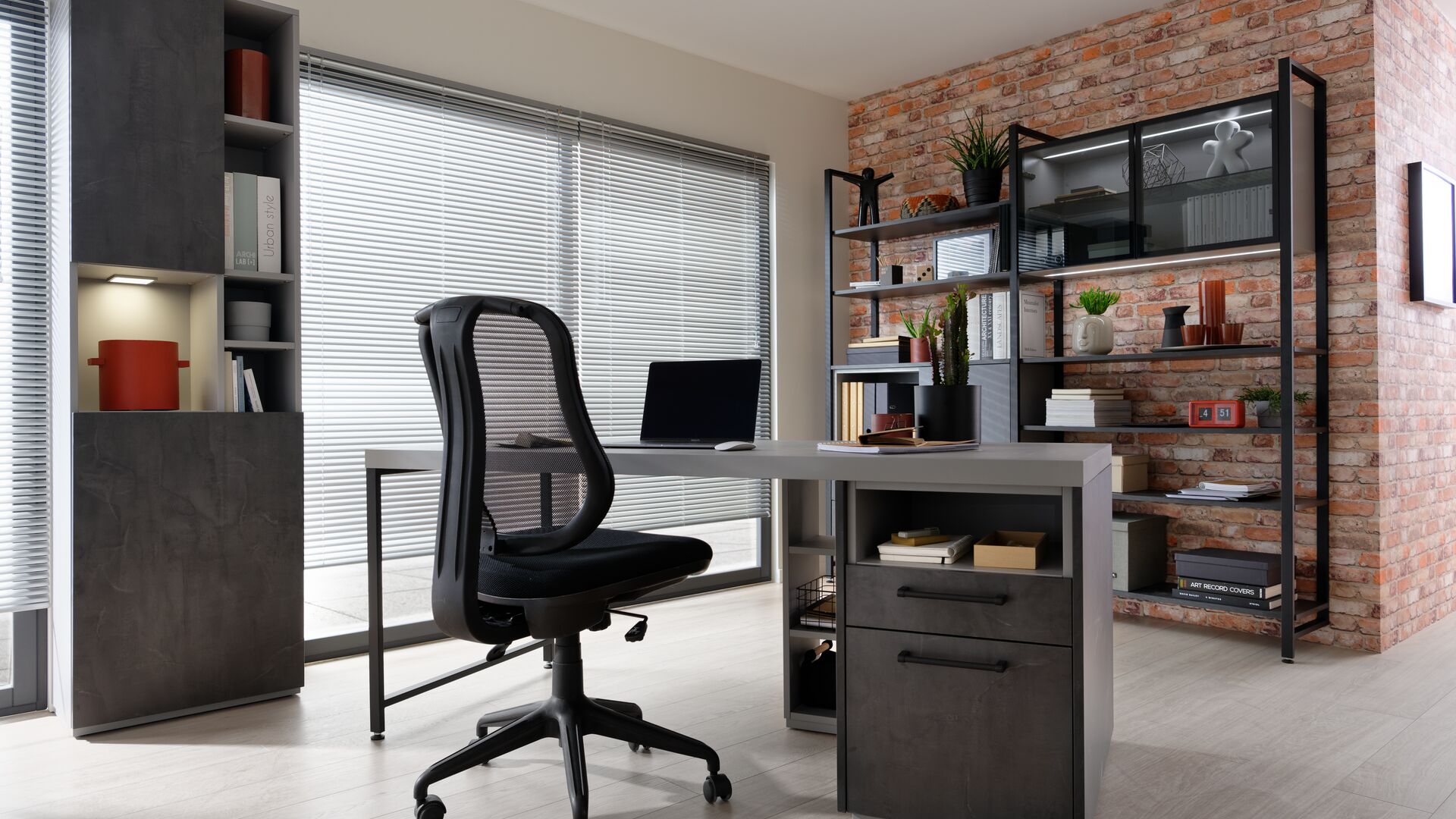 Architectural-style desk with black metal shelves and grey units