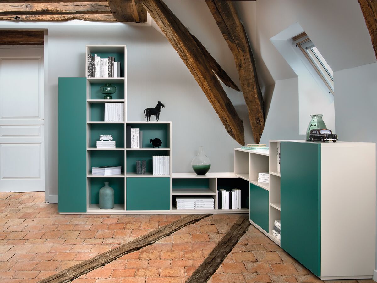 Meuble étagère d'angle vert et gris de salon