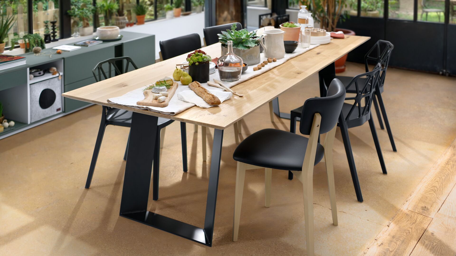 Kitchen table with oak wood top and designer metal legs for 6 people