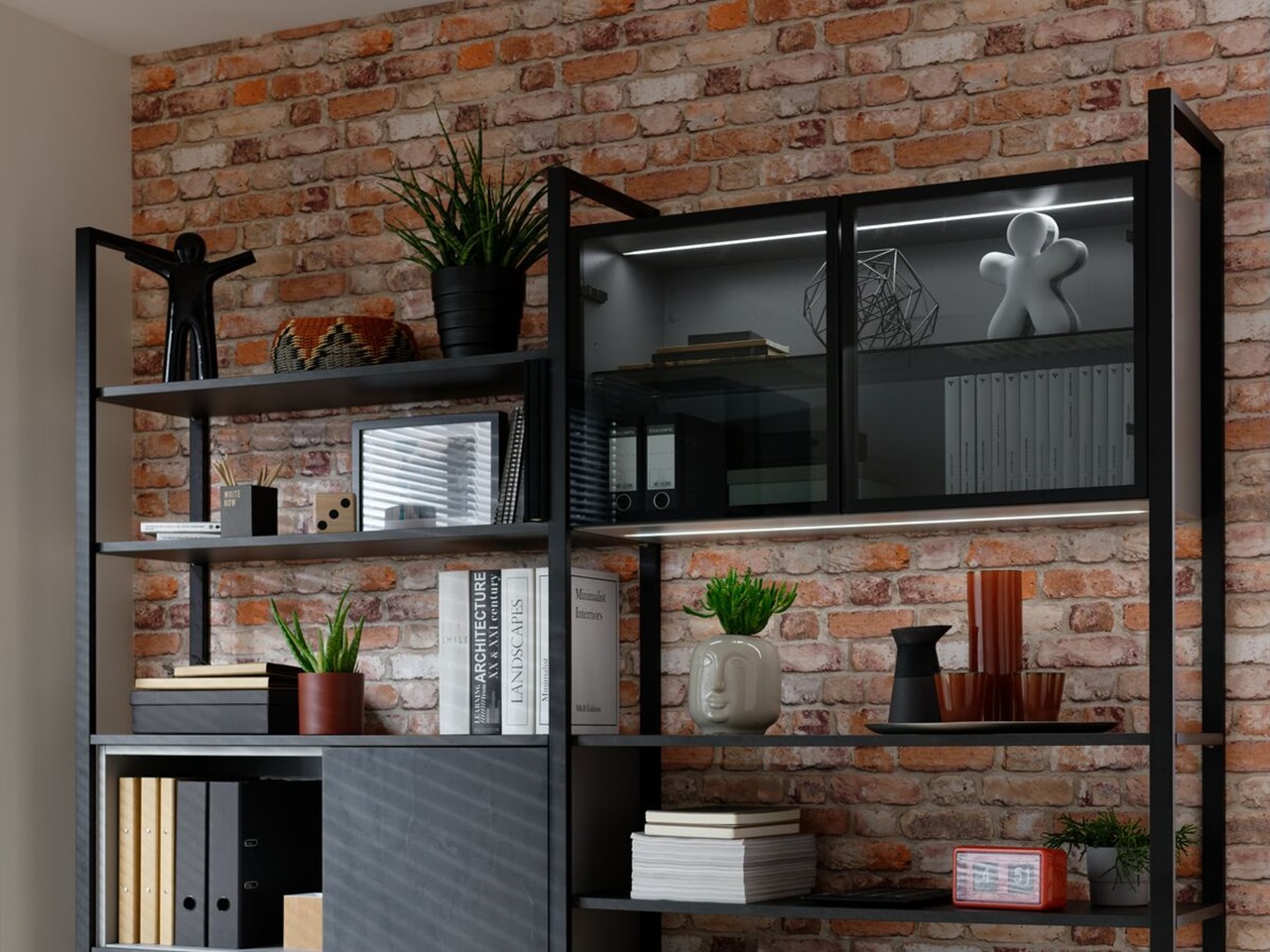 Bureau style industriel avec niches en bois et métal noir MARLINE