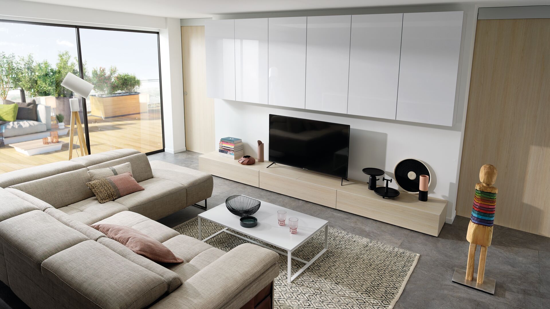 TV Möbel in Holz und weiß und Stauraumregal für das Wohnzimmer