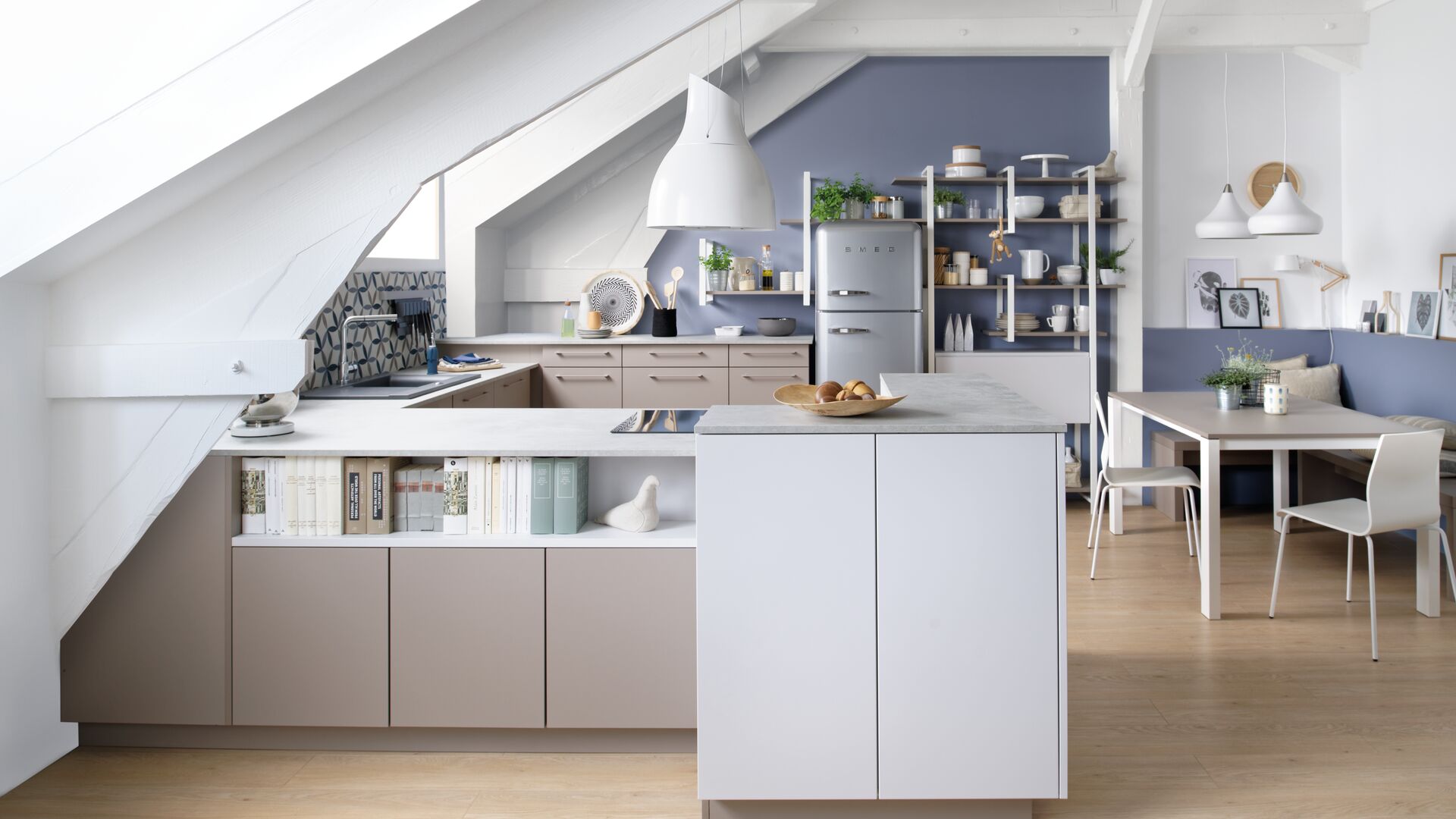 Our cabinets can be made to follow the slope of the roof for a pleasing, fully built-in look.