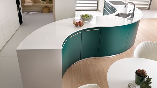 White and green curved kitchen