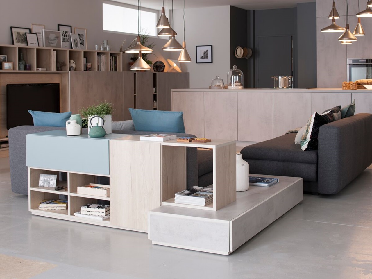 Mueble de TV biblioteca para la sala de estar combinado con el estilo de la cocina de madera y hormigón