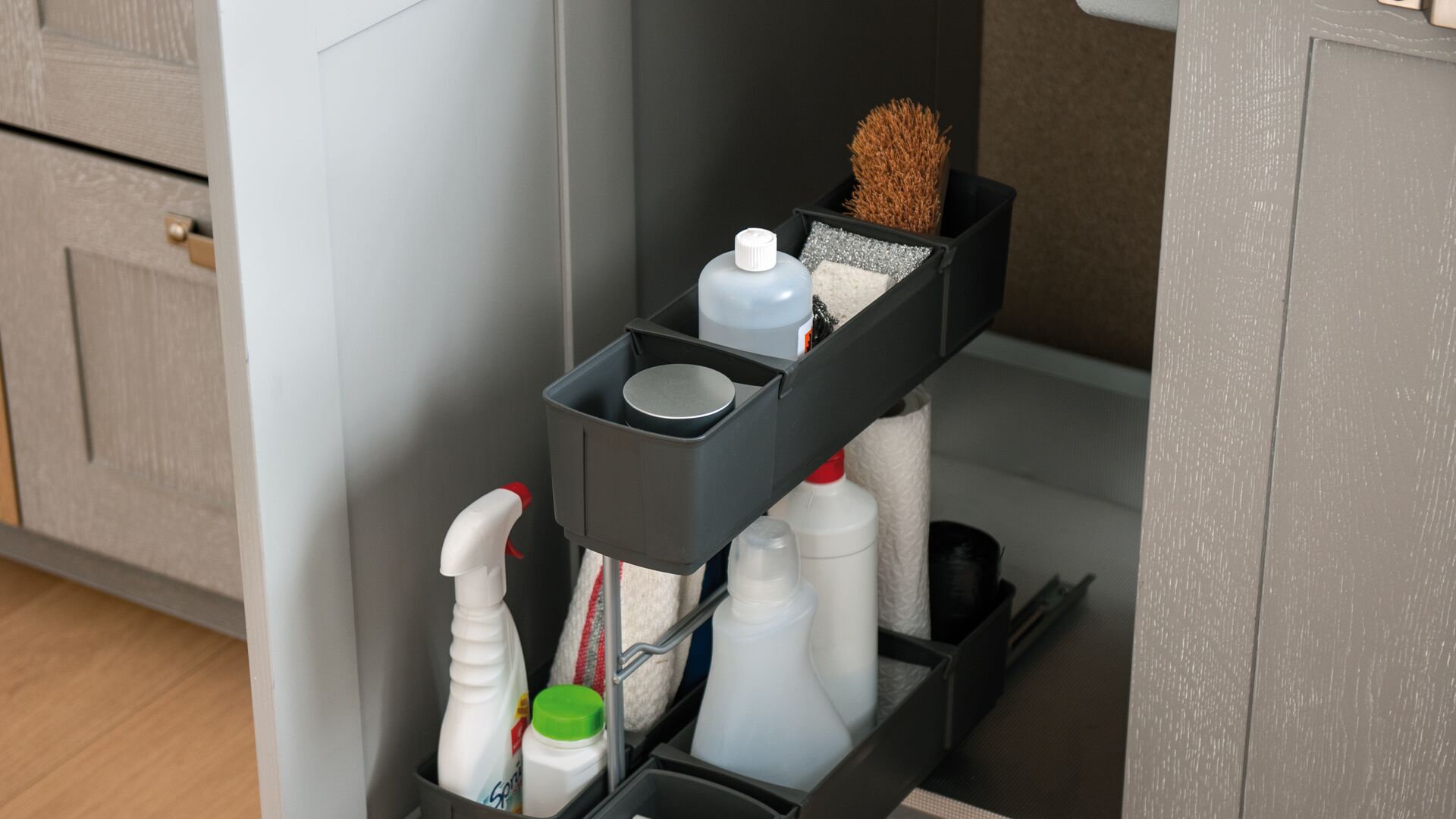 Meuble bas sous évier avec tiroir coulissant pour produits ménagers