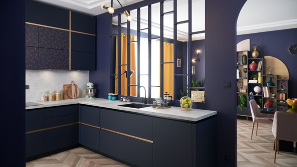 Blue and golden kitchen