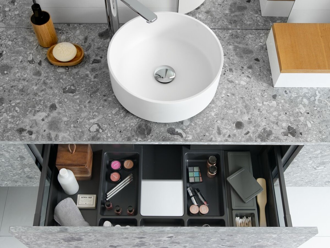 Terrazzo bathroom counter top with pull-out drawer with partitions