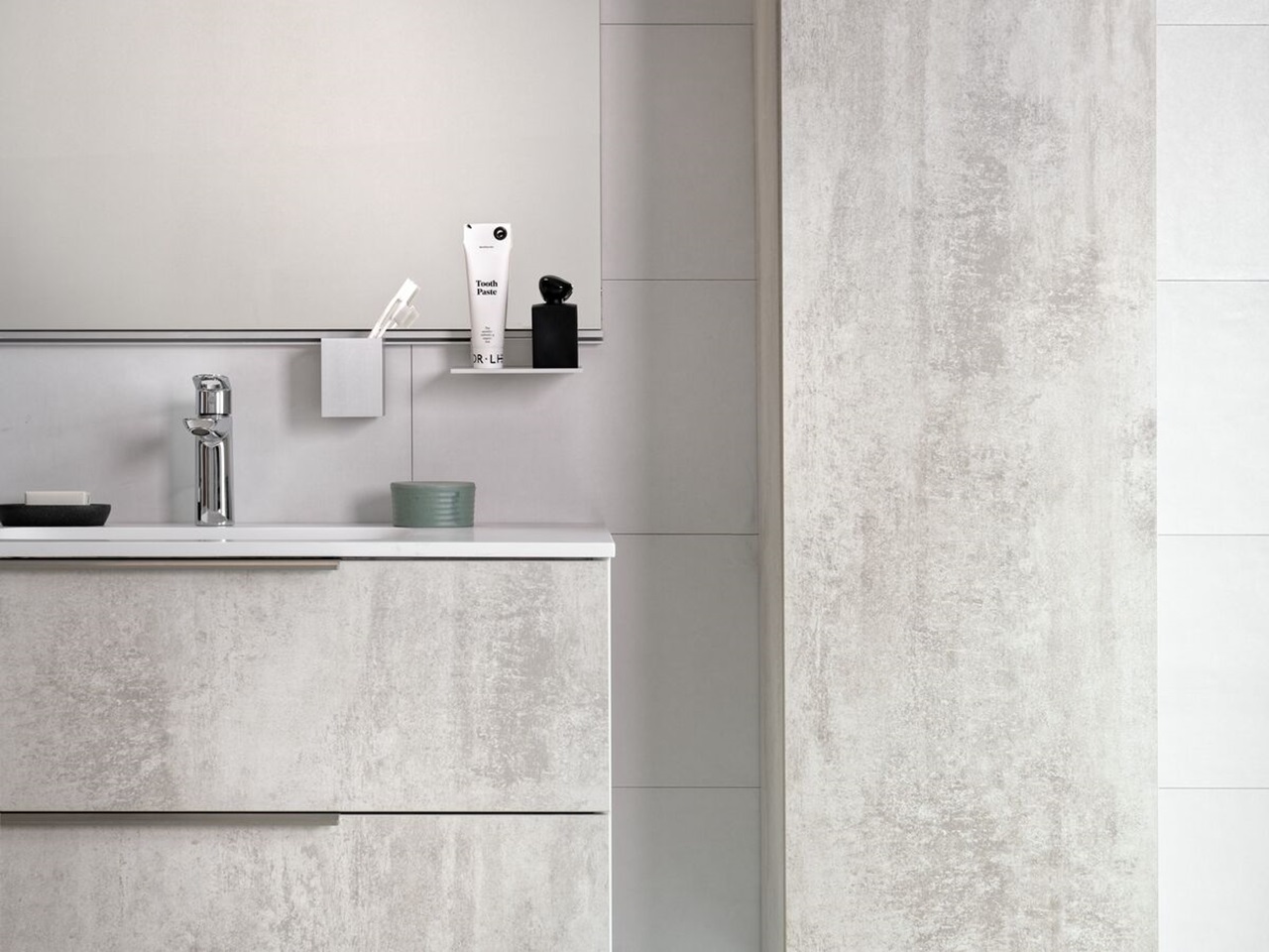 Wall-mounted bathroom cabinet with light concrete appearance