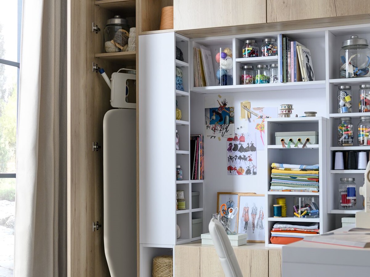 Concealed storage for ironing table and open niches for accessories