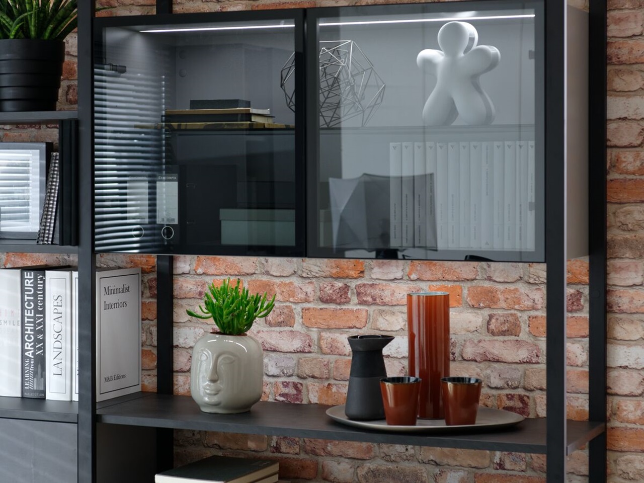 Black industrial shelving with Willow smoked-glass window
