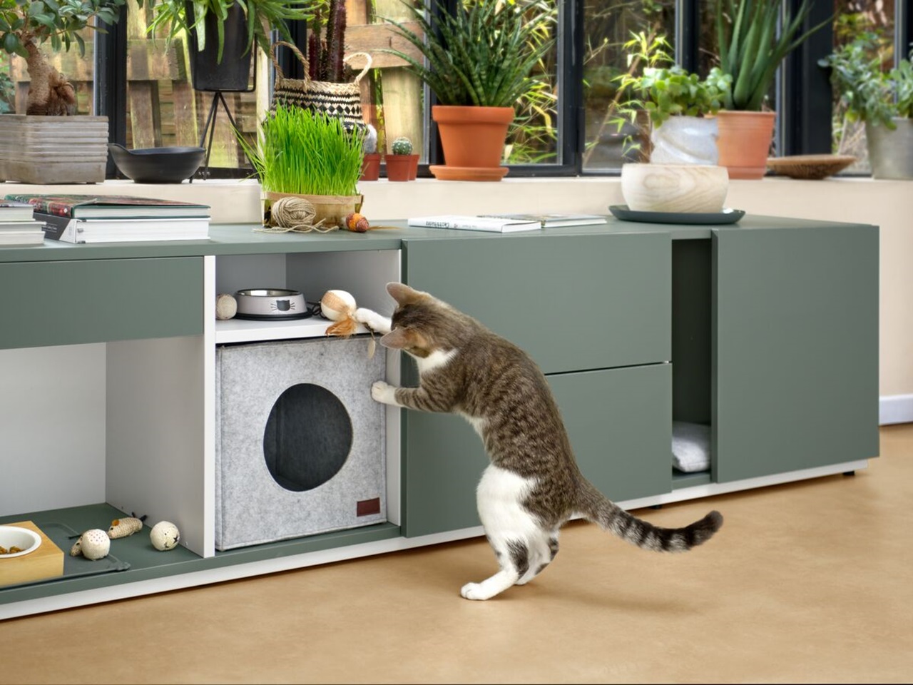 Kitchen or lounge base unit with storage possibilities for animal food and accessories