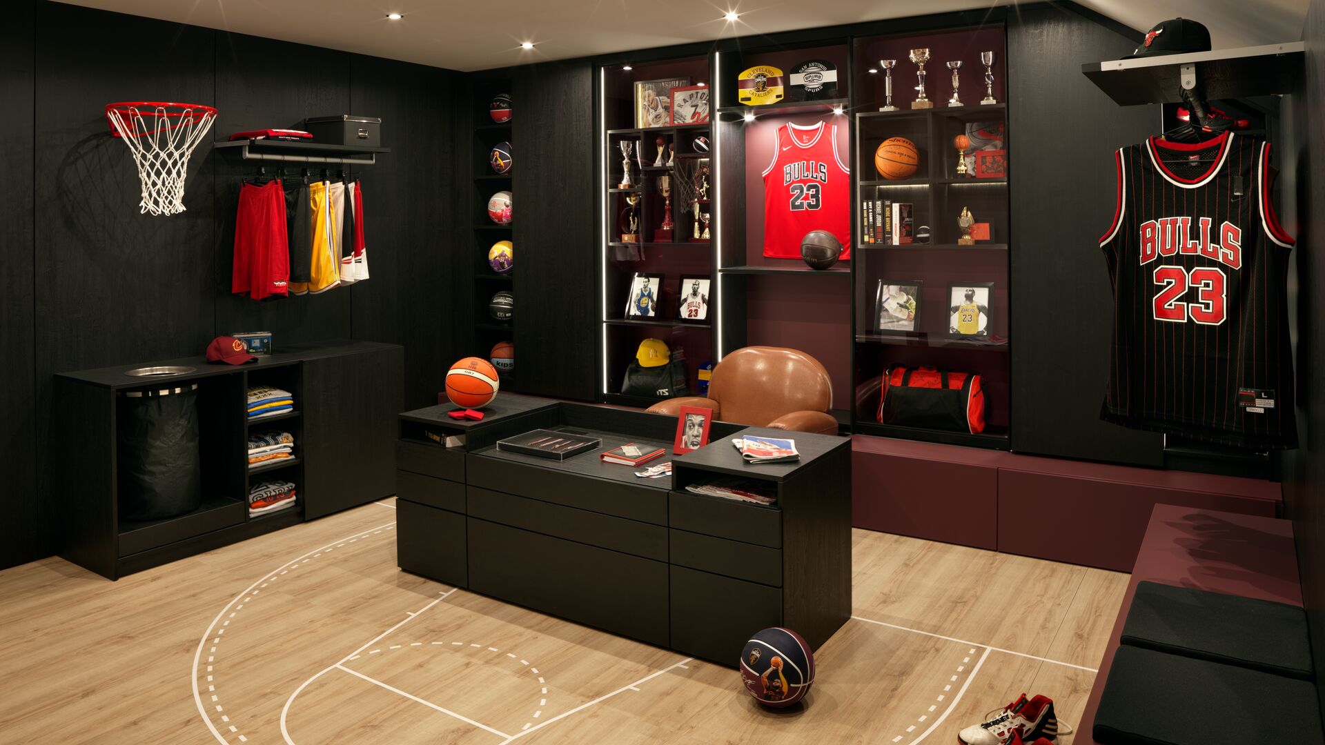 Walk-in wardrobe with island in style of basketball players sports dressing room