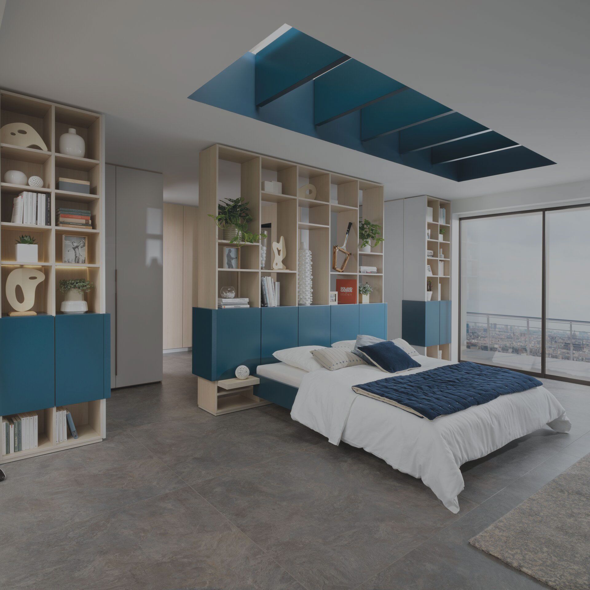 un dormitorio con una cama, escritorio y armarios en la pared al