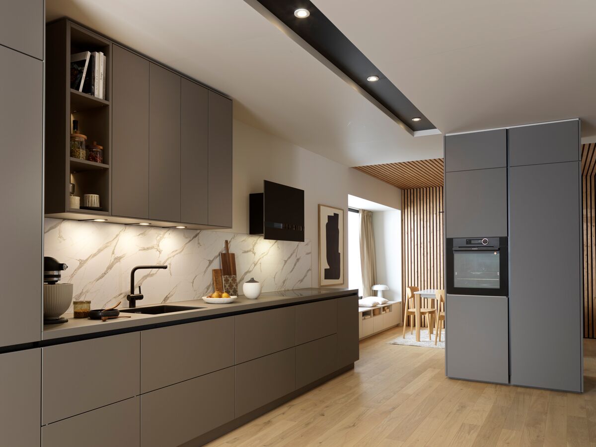Black and yellow galley kitchen