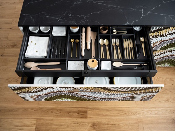 plateau à couverts pour tiroirs, système de rangement de tiroir en cuir  noir cuisine